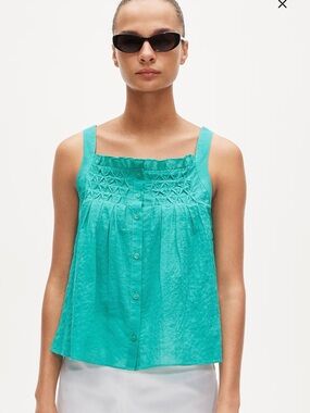 J. Crew Teal Button-Front Smocked Camisole